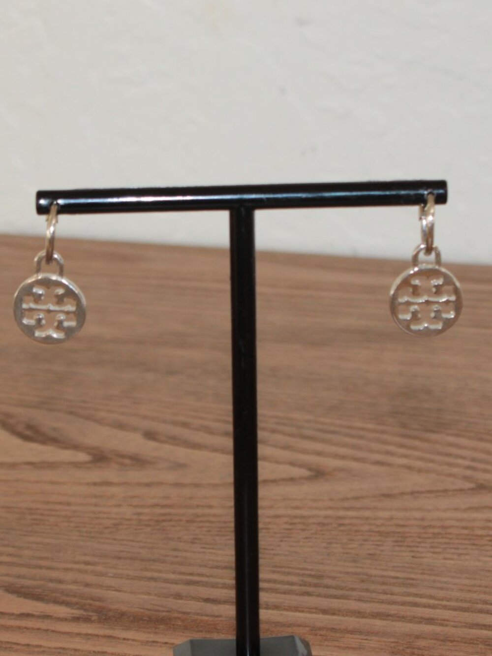 Tory Burch Silver Logo Charm Hoop Earrings NWT